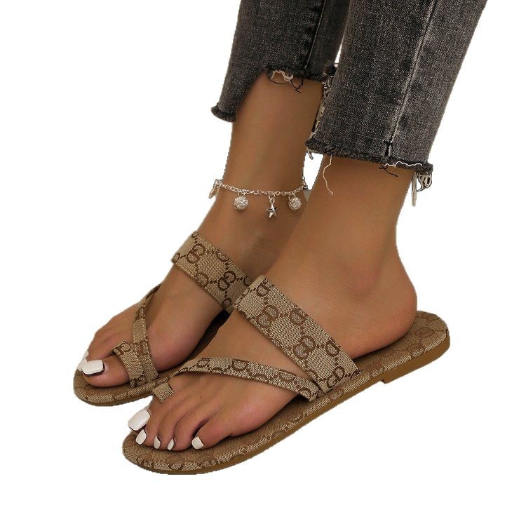 2025 Women's flat-toe one-line embroidered slippers for European and American large size lightweight and cool flip-flops wear new design