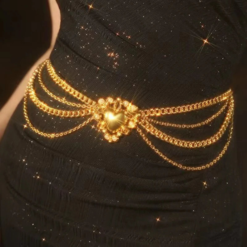 Fashion small perfume multi-layer gold heart waist chain celebrity style creative edge belt chain dress accessories 250414