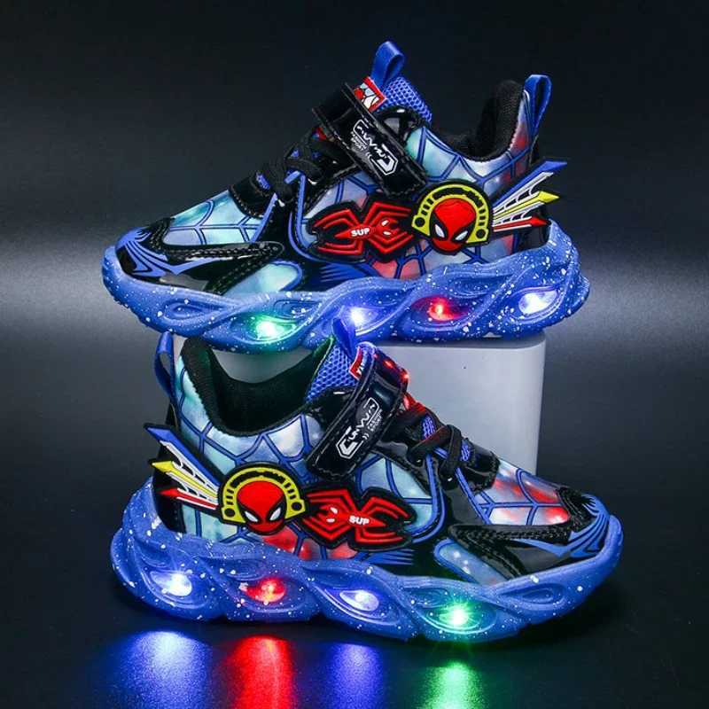 Disney Boy Spider Man sneakers Disney LED childrens sneakers student shoes fashionable anti slip childrens outdoor shoes Pu leather shoesXJ250416