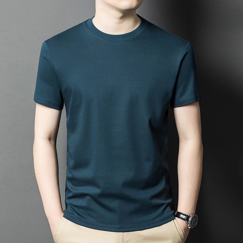 7A antibacterial silk pure cotton T-shirt 2025 summer new casual simple solid color round neck men's short sleeved shirt