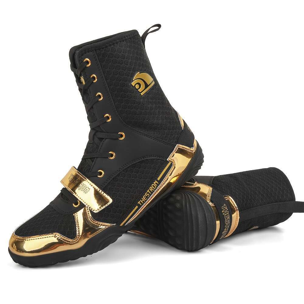 Men Boxing Martial Arts Training Shoes, Lightweight, Non Slip, High Top Design, Solid Color, All Season, With PU Upper, Inner, Rubber Sole