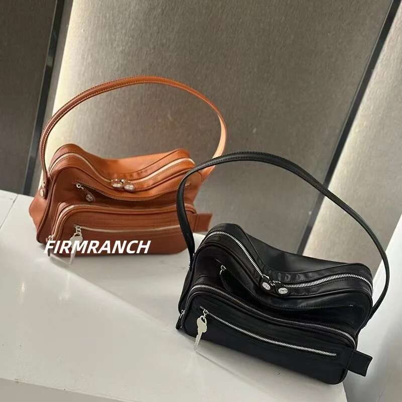 FIRMRANCH Personalized Motorcycle Style Trendy Versatile Multi Zipper Design Women's Square Single Shoulder Underarm Bag Purse