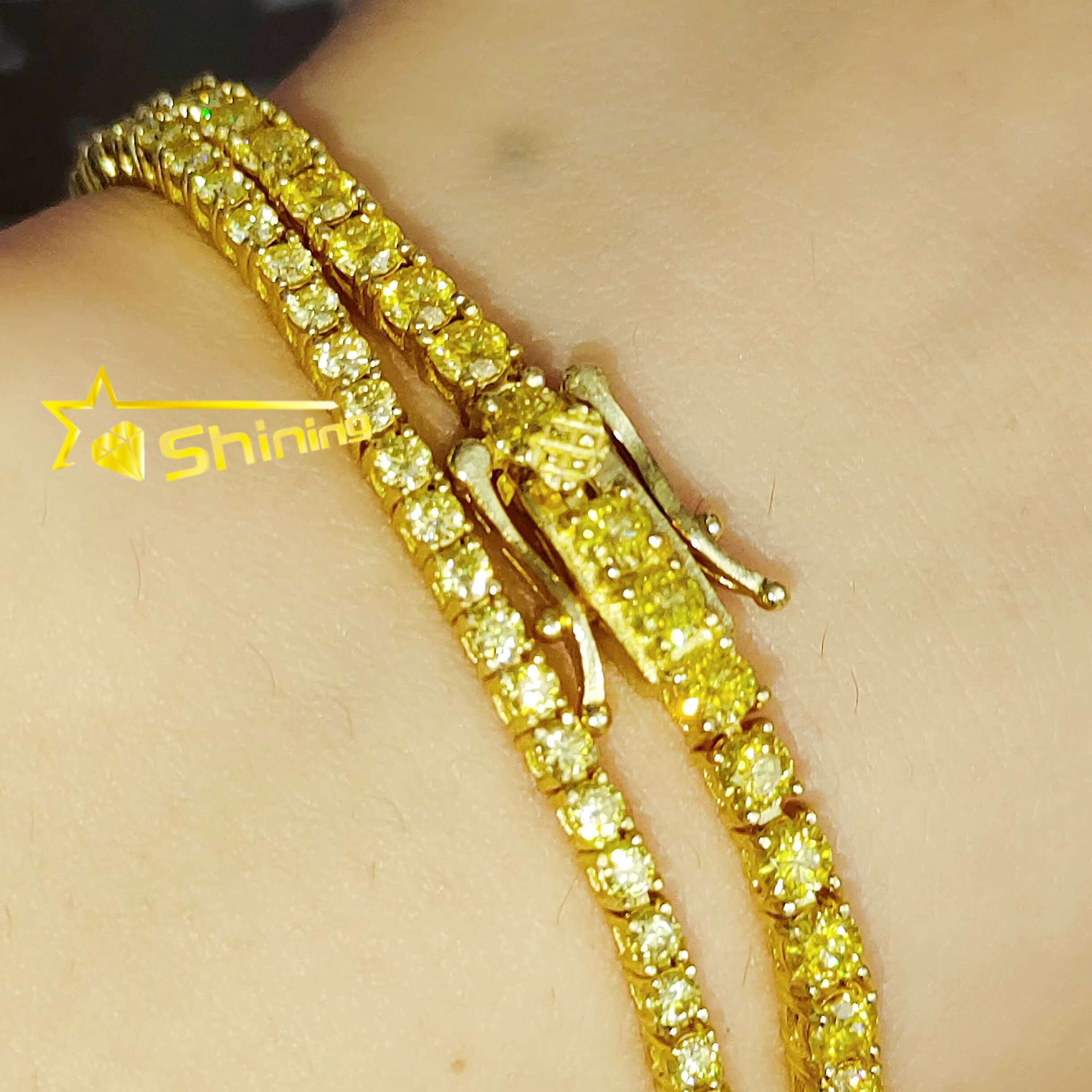 18K Gold Plated Iced Out Vvs Diamond Tennis Chain 2mm 3mm Golden Yellow Moissanite Tennis Bracelet Necklace for Men and Women