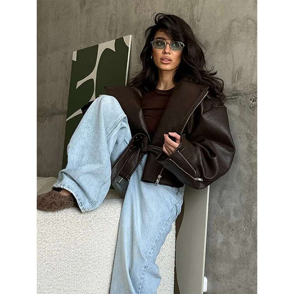 Designer Clothes High Street Leather Chaqueta De Lapel Full Sleeves With Belt Zippers Crop PU Jackets Female 2025 Spring Summer Casual Lady Coat