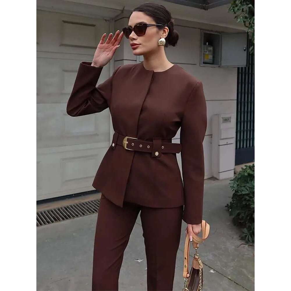 Designer Clothes Fashion Pant Blazer Suit Women O-Neck Full Sleeves Single Breasted With Belt Top High Waist Wide Leg Pants Female 2025 Spring
