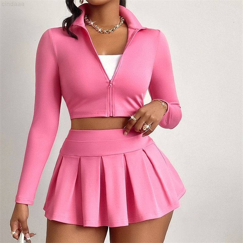 2025 Spring Casual Womens Clothing Solid Color Sexy Style Long Sleeve Top Short Skirt Set 4 Colors