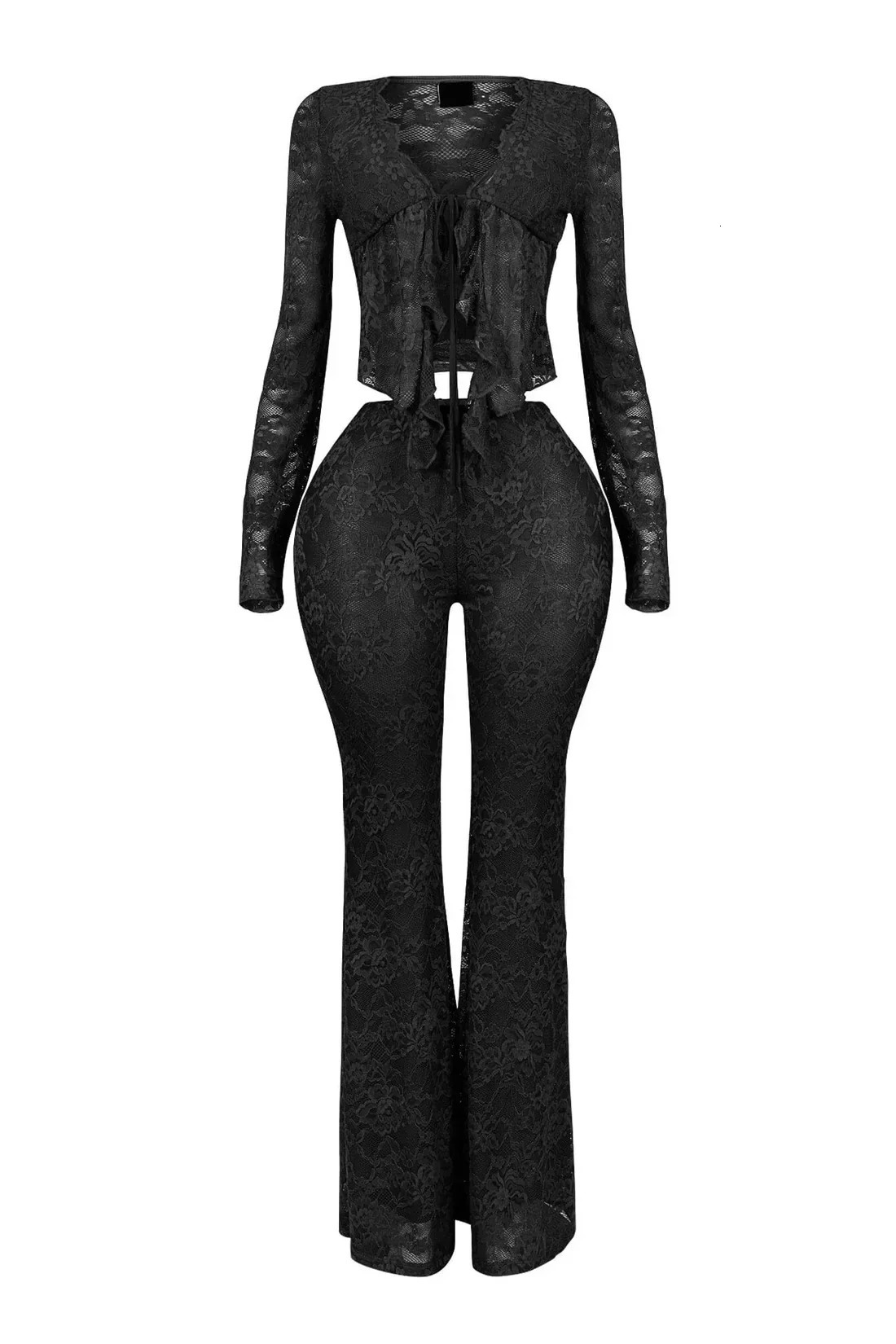 Womens Set Long Sleeve Lace See Through Shirt Long Pants Street Evening Sexy Two 2Piece Sets Outfits Tracksuit 250415