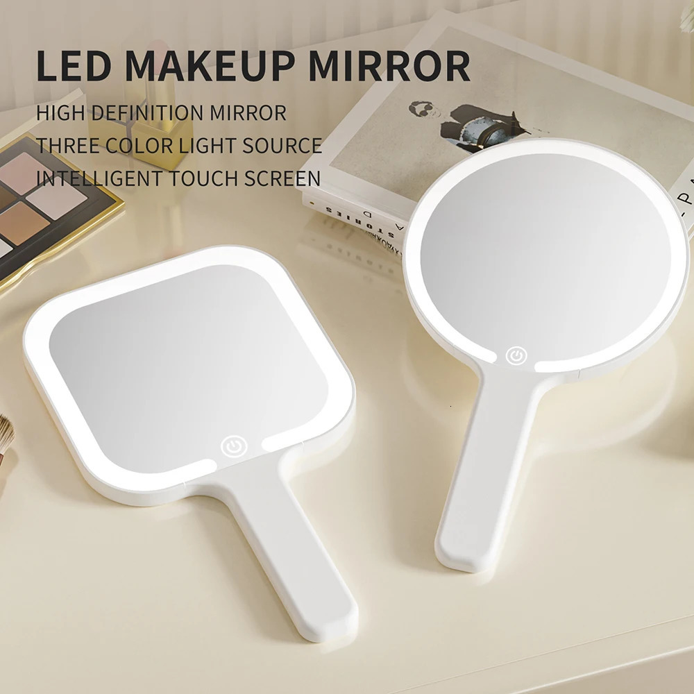 LED Smart Makeup Mirror Hand-held Carry 3 Colors Adjust Bright with Touch Screen Cosmetic Tabletop Vanty Mirror Travel Home Use 250415