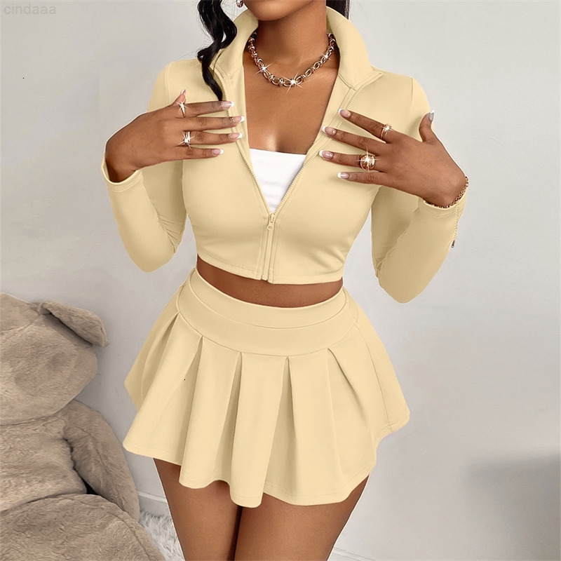 2025 Spring Casual Womens Clothing Solid Color Sexy Style Long Sleeve Top Short Skirt Set 4 Colors