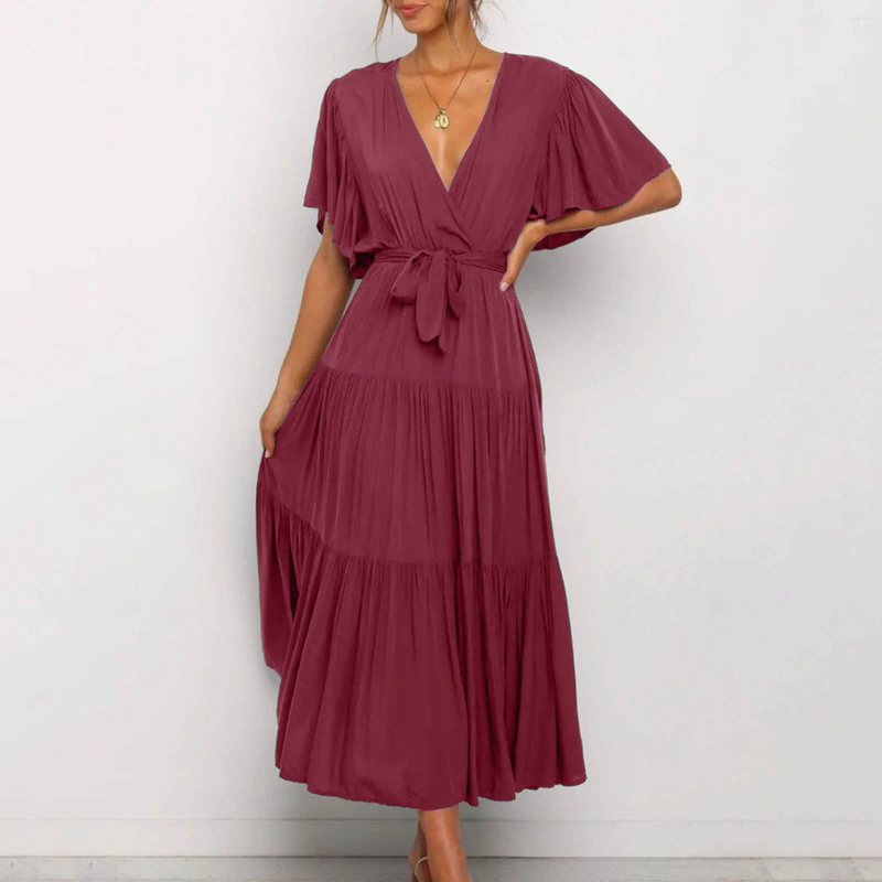 CNLONGBIDA Casual Dresses For Women 2025 V Neck Commuting Printed Short Sleeved Waist Long Skirt Bohemian Dress Ropa Para Mujer