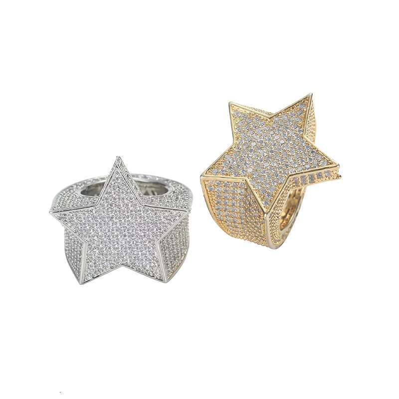 DHcollections RQ New Five Star Micro Shop Inlaid Gold Hip Hop Ice Crystal Cube Zircon Jewelry Gift Ring