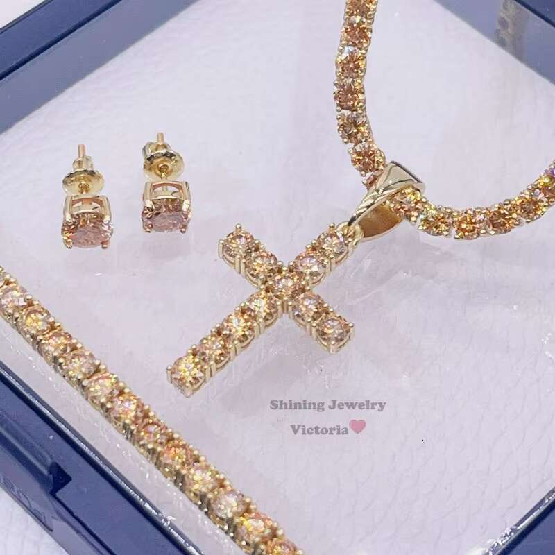 4MM Sterling Silver Yellow Gold Champagne Color Moissanite Cross Charm Jewelry Set Tennis Chain Set with 6.5mm Stud Earrings