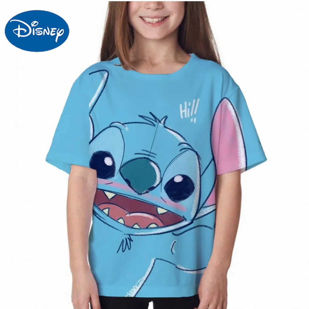 Disney 2024 Summer Disney Stitch Kids 3D Print Tees 1-14 Years T-shirt Children Cartoon Style Tops Short Sleeves Tees Kids T Shirt W250617