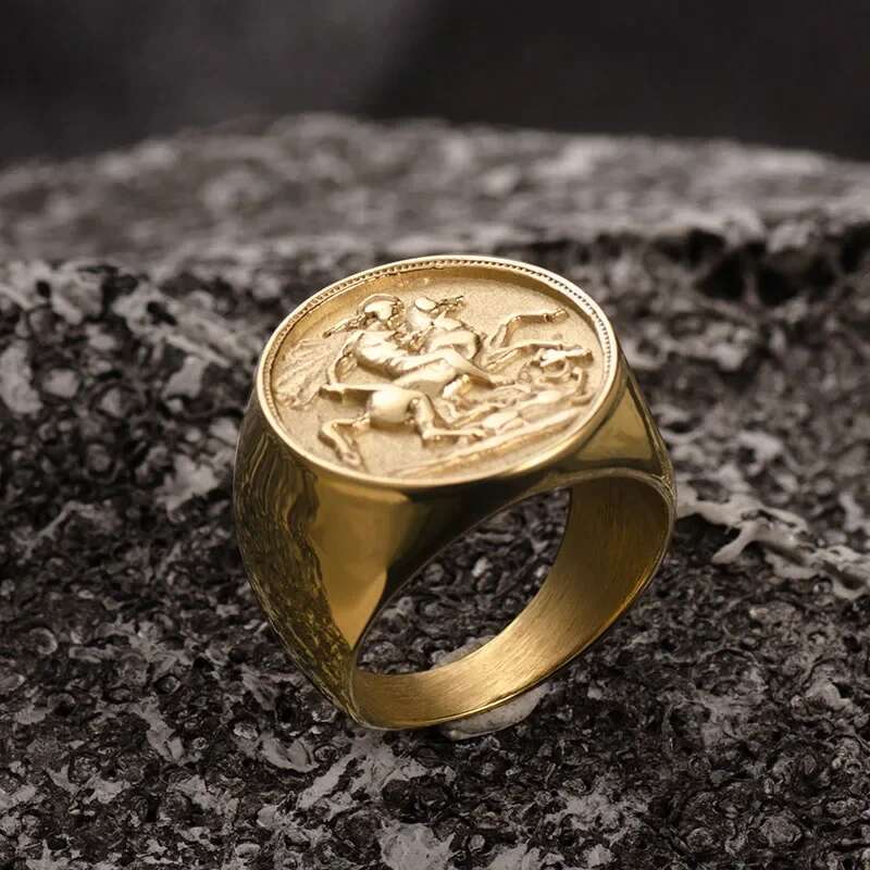 Stainless Steel Sovereign Coin Gold color Roman Solider Ring for Men Women Party Jewelry gift Bague Homme