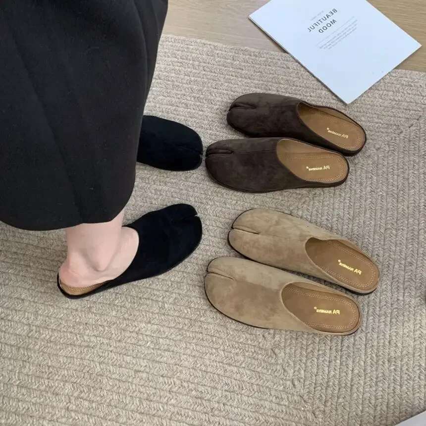 Bailamos Women Split Fur Slippers Tabi Ninja Slip On Flats Round Toe Shallow Lazy Boat Sgback Mules Shoes Soft Warm Loafe