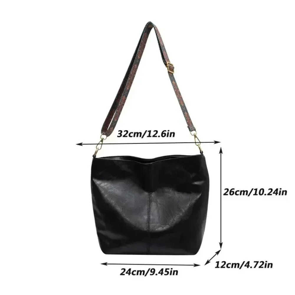 Vintage Solid Color PU Leather Women Fashion Shoulder Sling Shopping High-Capacity Simple Wide Strap Bucket Crossbody Bag Commuting Z250416