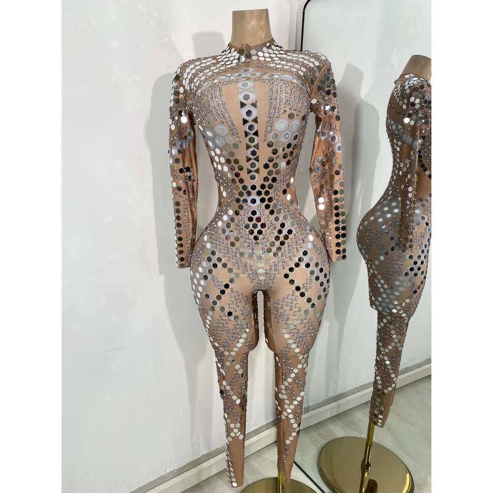 Women Sexy Spandex Tight Jumpsuit Long Sleeve Mirrors Cosplay Costume Nightclub Dancer Outfit Performance Stage Wear