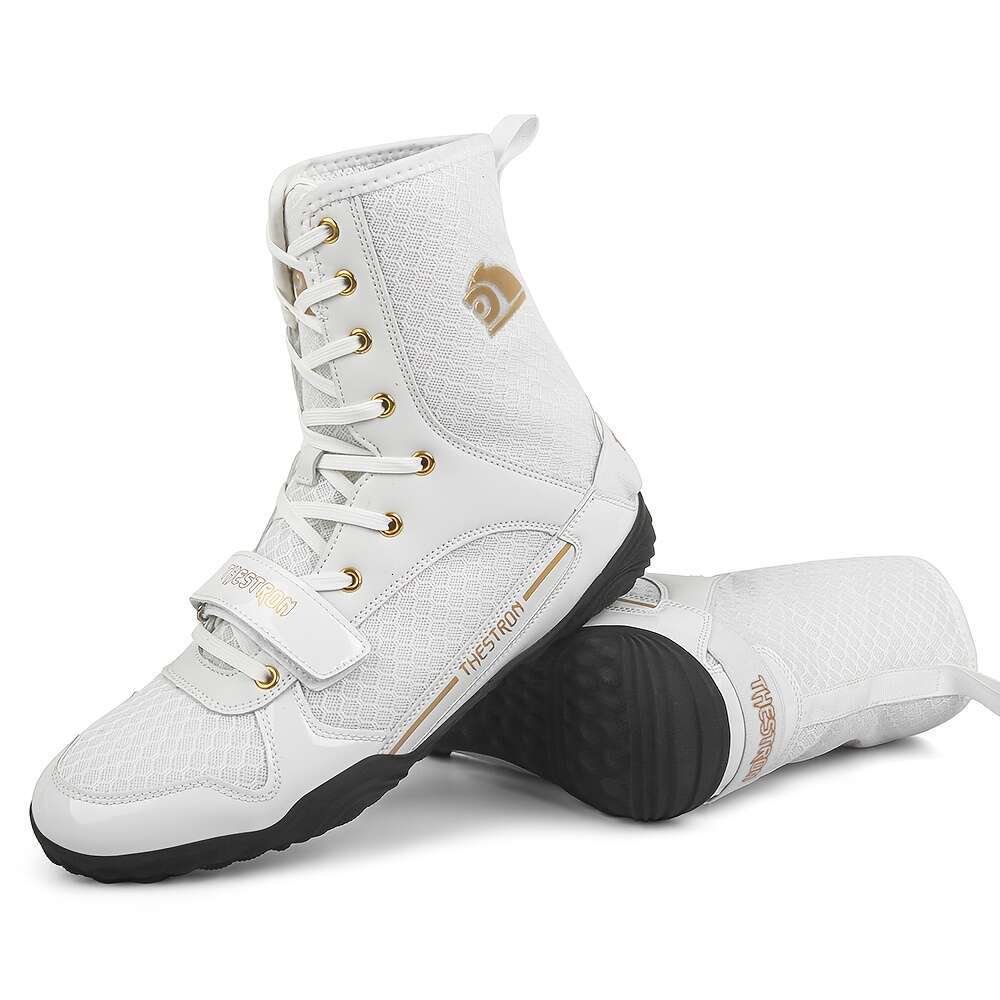 Men Boxing Martial Arts Training Shoes, Lightweight, Non Slip, High Top Design, Solid Color, All Season, With PU Upper, Inner, Rubber Sole