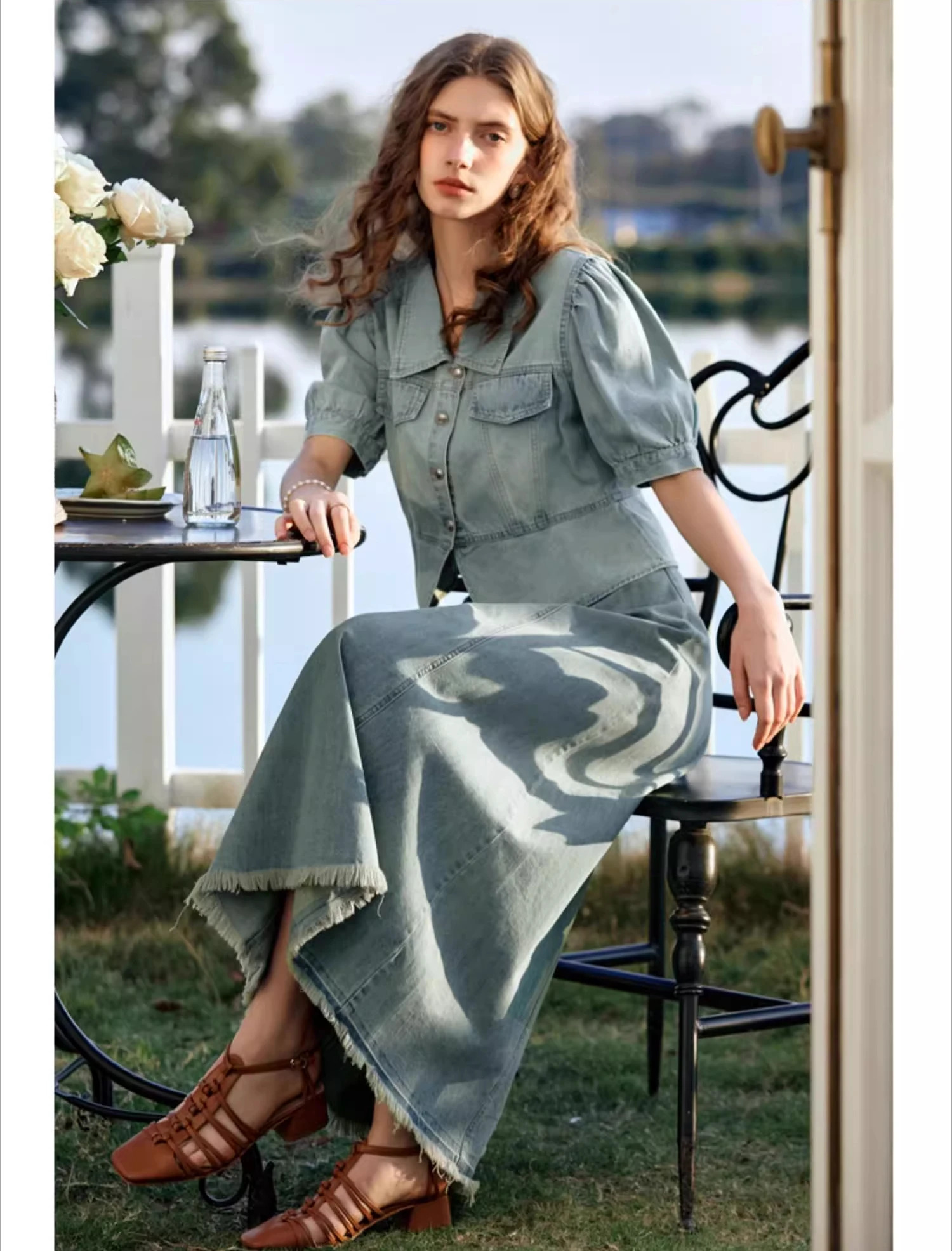 OLrain Retro Denim Technology Set Lyocell Short Sleeve Puff Top Washing Aline Technology 2025 SpringSummer Two Piece O24XE90921 250414Z