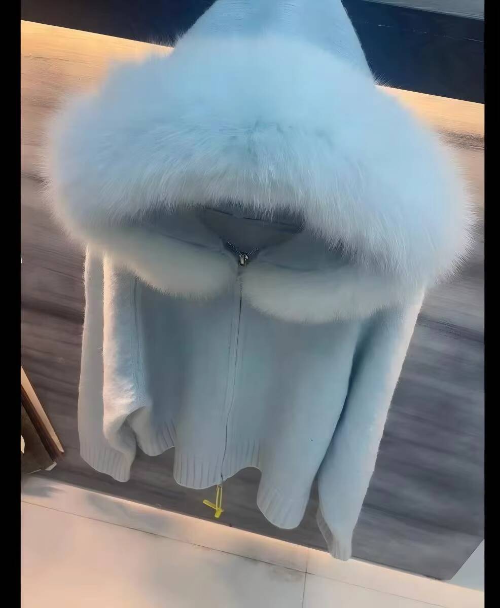 Womens Slim Fit Winter Cropped Wool Knitted Coat Hood Warm Puff Sleeve Jacket Fluffy Faux Fur Collar Sweater Womens Cardigan