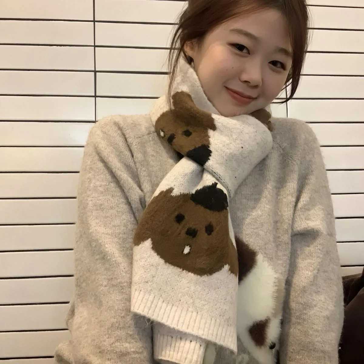 Luxury New Japanese Versatile Cute Cartoon Dog Knitted Scarf With Wool For Women Korean Edition Warm Neck For Cold Protection Y251115
