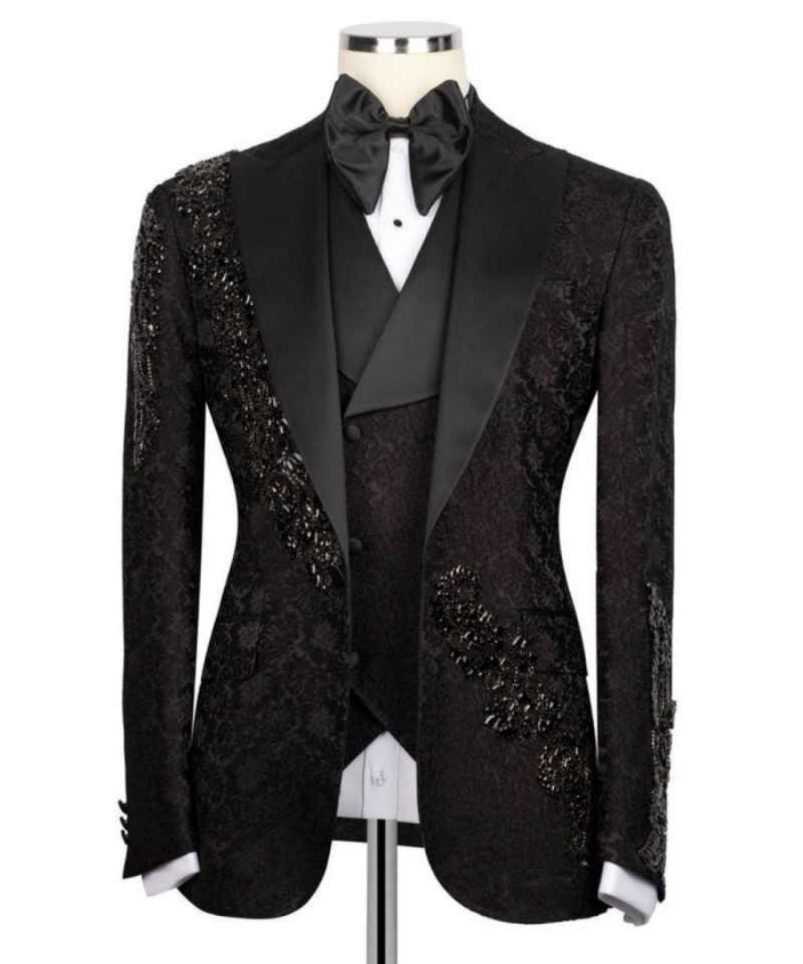 Luxury Beads Men Suits Customized Floral Pattern Groom Wedding Party Tuxedos 3 Pieces Sets Male Blazes Fashion Costumes Homme
