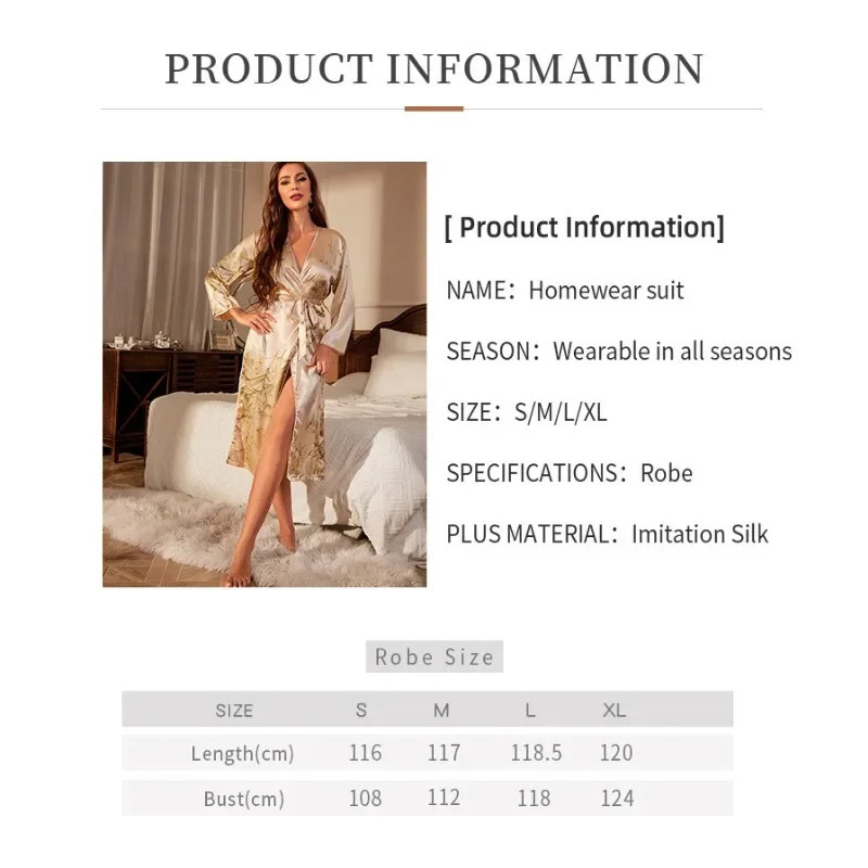 Fashion Home Printed Long Sleeve Womens Thin and Sexy Lace Dress Morning Dress Open Hemp Nightwear Ice Silk Bathroom 250409