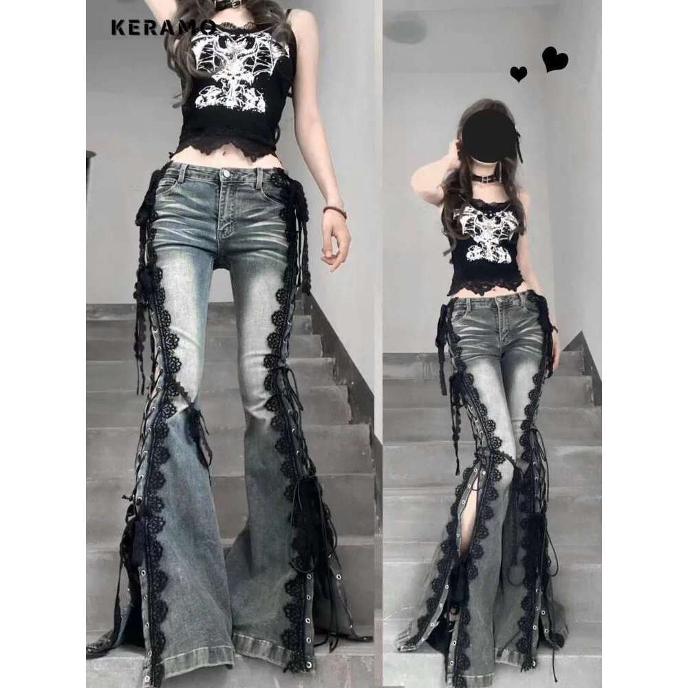 Hotsweet Retro Lace Grunge Street Jean Lace-Up Hollow Out Sheath Pants Women Bubblegum Coquette Casual Y2k Slim Denim Trouser
