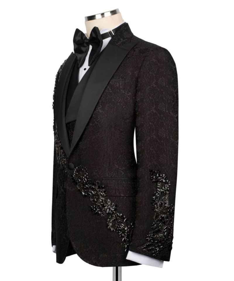 Luxury Beads Men Suits Customized Floral Pattern Groom Wedding Party Tuxedos 3 Pieces Sets Male Blazes Fashion Costumes Homme