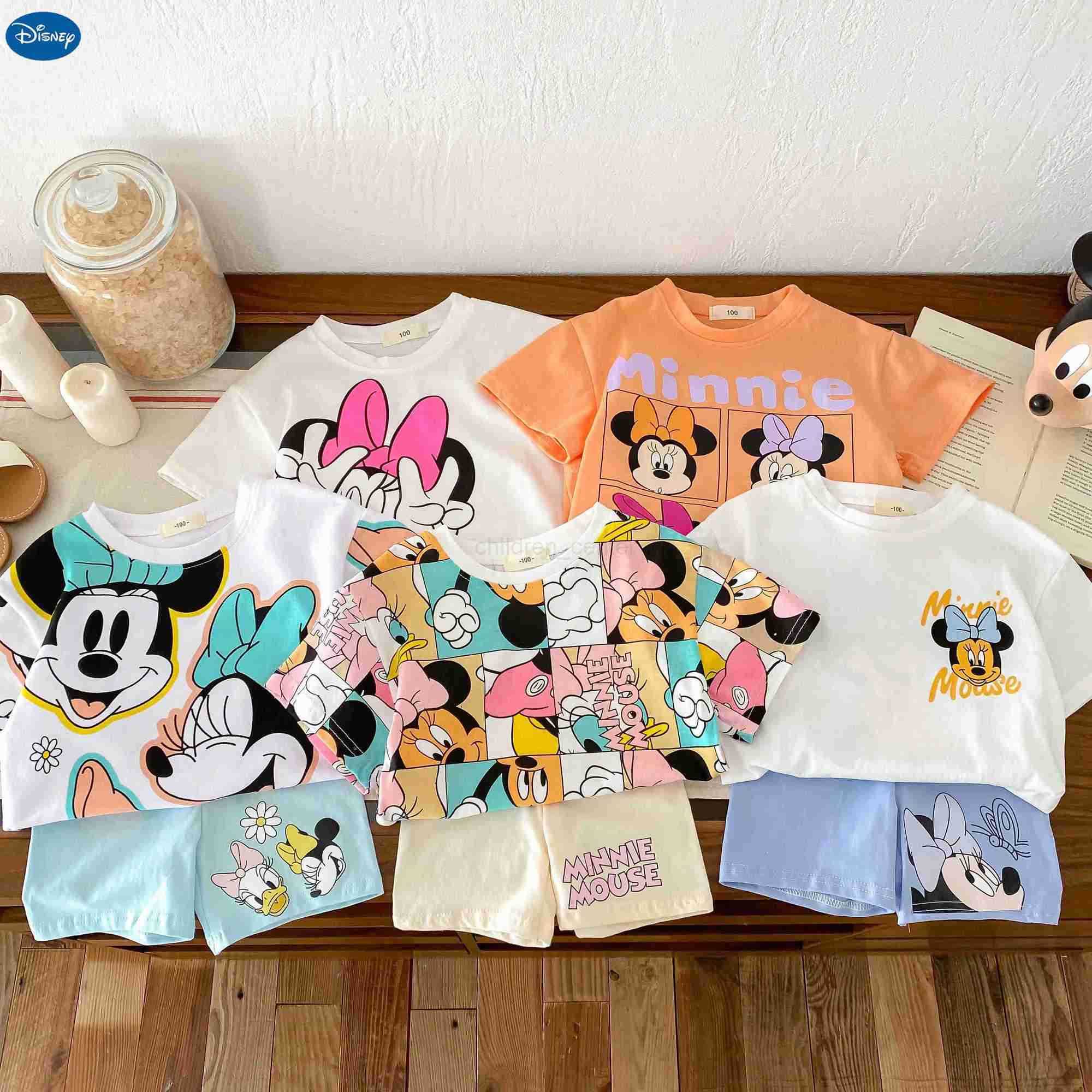 Disney Summer Minnie Disney printed T-shirt casual fashion set girls baby short sleeved sportswear cute Tshirts for kids slim fit set W20250416