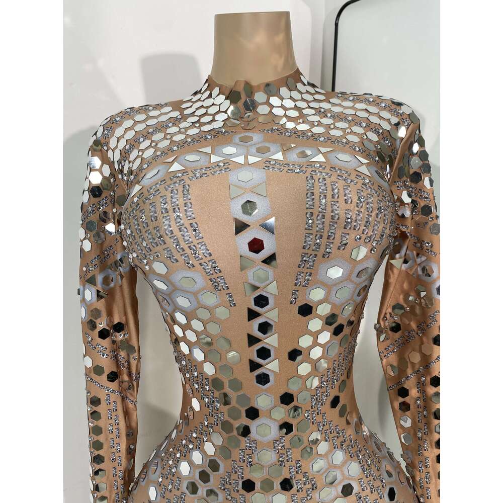 Women Sexy Spandex Tight Jumpsuit Long Sleeve Mirrors Cosplay Costume Nightclub Dancer Outfit Performance Stage Wear
