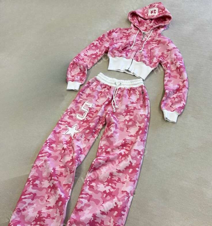 Y2k Pink Short Camouflage Zipper Hoodie Tracksuits Women Haruku Letters Graphic Embroidery Sweatshirt Goth Straight Sweatpants