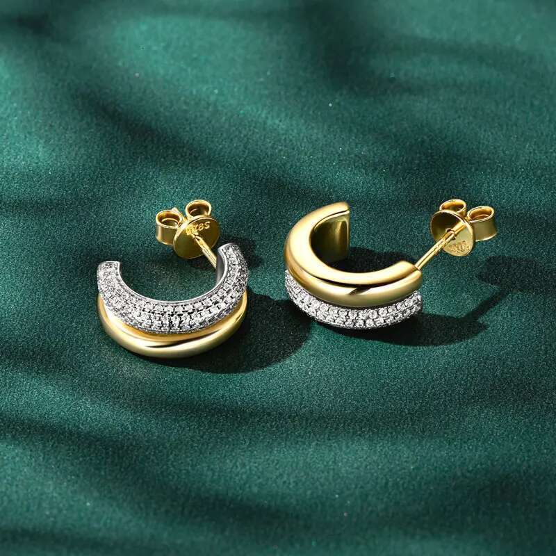 RAPRGOLD Round Cut Moissanite C-shaped Stud Earring for Women Girl Sterg Sier Piercing Earrings Jewelry Gift Pendientes