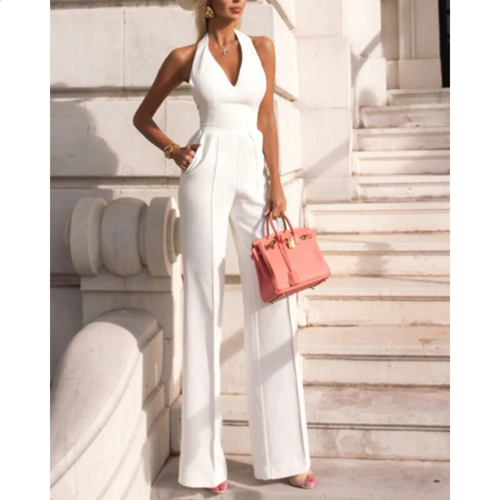Womens elegant sleeveless strapless deep V-neck white jumpsuit womens summer wide leg work one-piece jumpsuit 250410