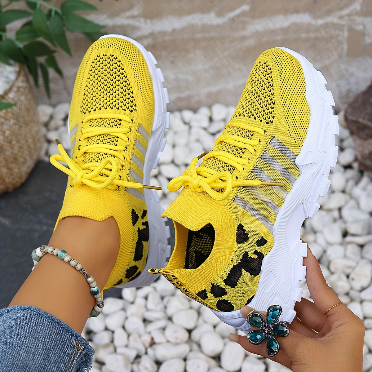 Women's Plus Size Breathable Knit Sneakers Leopard Print Striped Detail, LaceUp Running Shoes with Comfortable Platform Sole