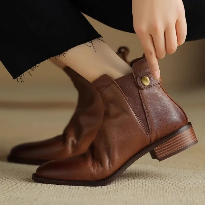 Leather Short Boots Women Winter Round Toe Solid Color Retro Ankle Boots Ladies Chelsea Boot Soft Booties 250415