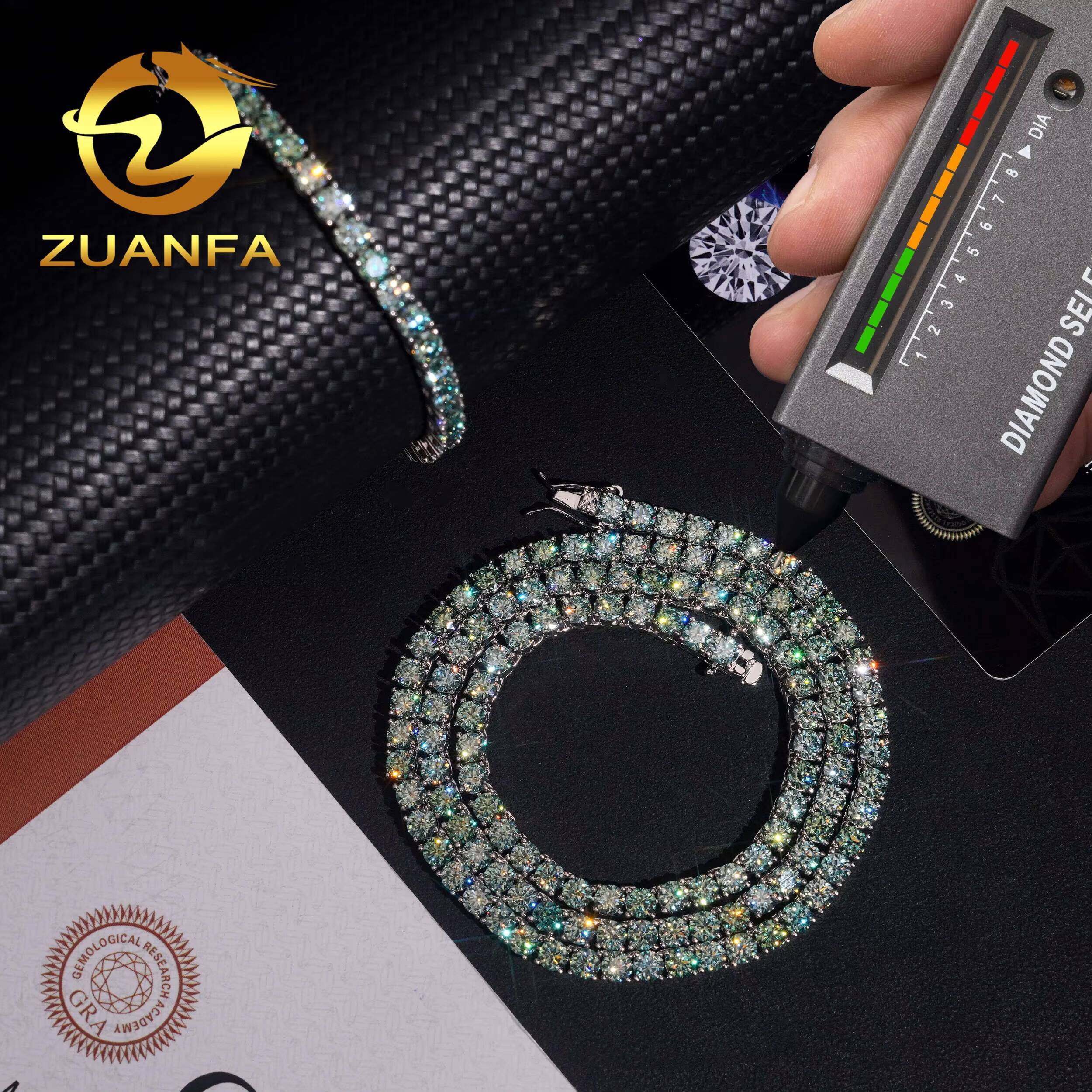 Pass Diamond Tester Hip Hop 925 Silver Color Blue Green Moissanite Diamond Tennis Chain Necklace