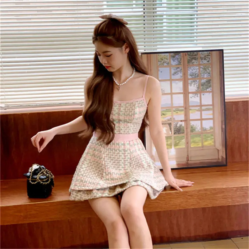 Spring Small Fragrant Style Suit Pink Tweed Short CoatSuspender Dress Set Sweet Girl Fashion Two Piece Sets Women Outfits 251113