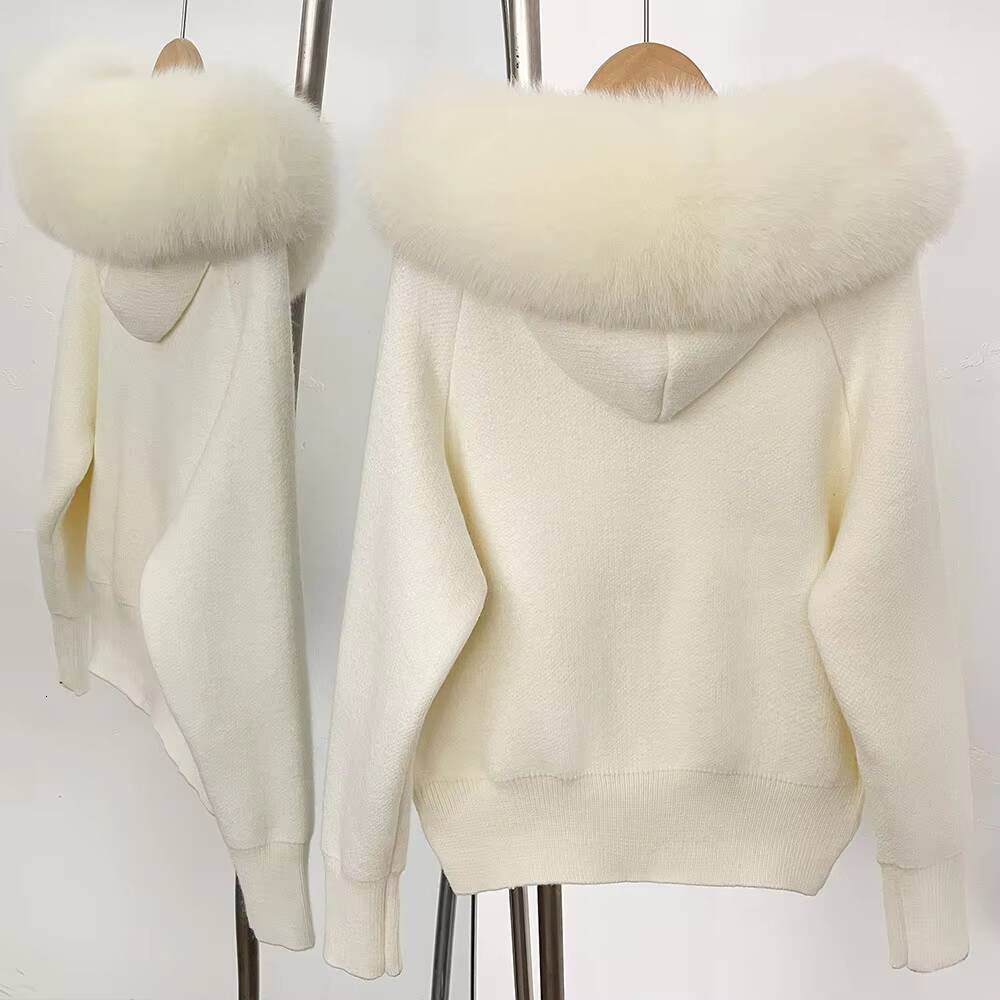 Autumn Winter Women Zipper Long Sleeve Knit Cardigan Coat Tops Hooded Detachable Big Real Fox Fur Collar Luxury Female Sweater