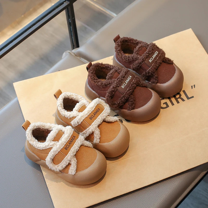 Cotton Winter Warm Childrens Fashion Boots Hook Loop Casual Plush Shoes 23-36 Khaki Brown C260130