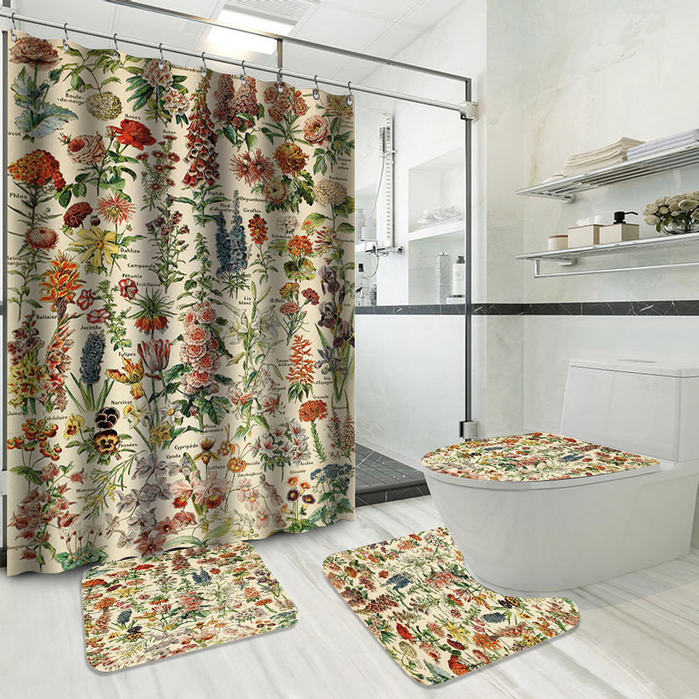 YL-37716 Hot Selling Shower Curtain 4-Piece Set, Green Plant Series, Waterproof and Mildew-Proof Shower Curtain, No Drilling Required