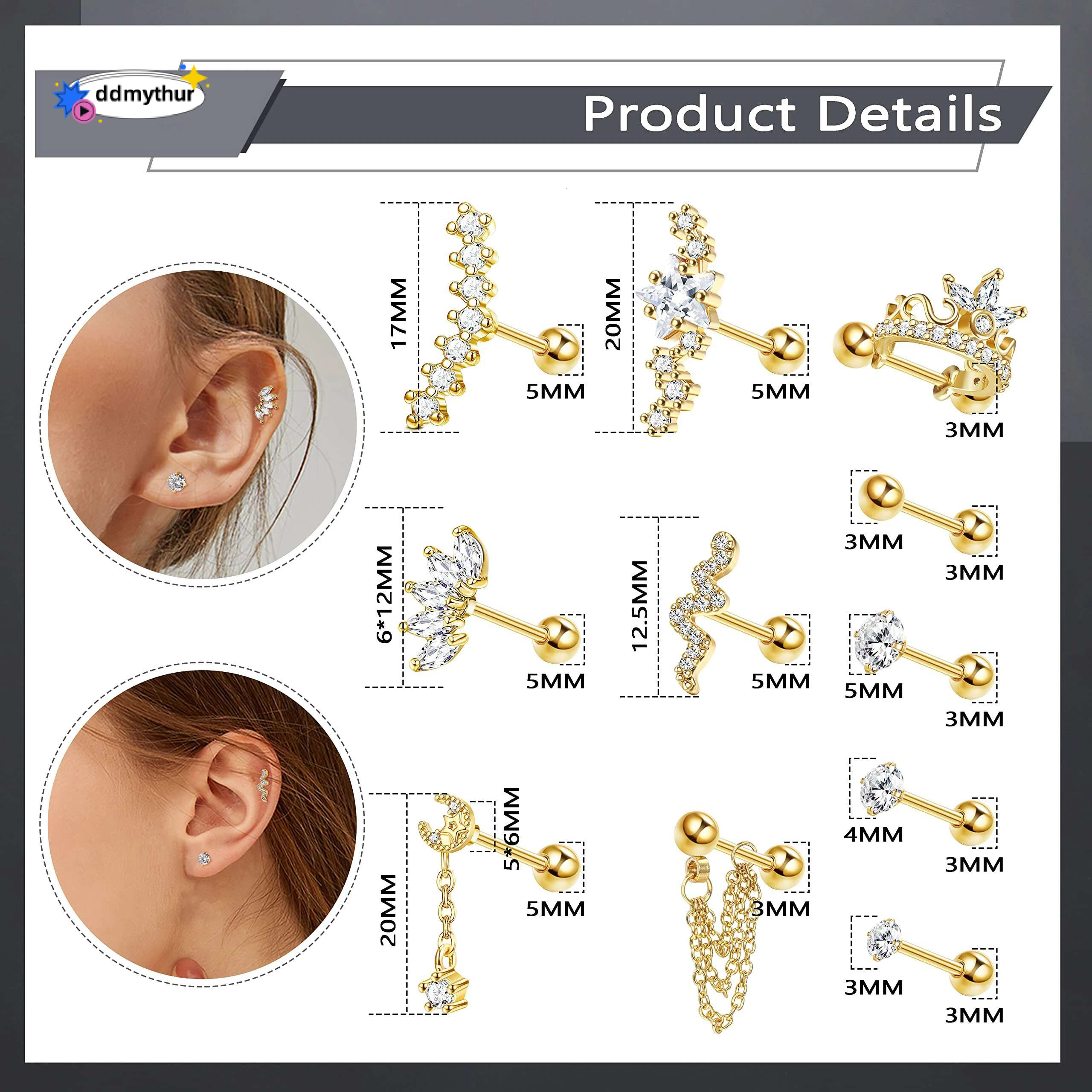 Stainless Steel Stud Earrings for Women Men Star Moon Snake Cartilage Screw Back Earring Helix Piercing Jewelry ddmythur