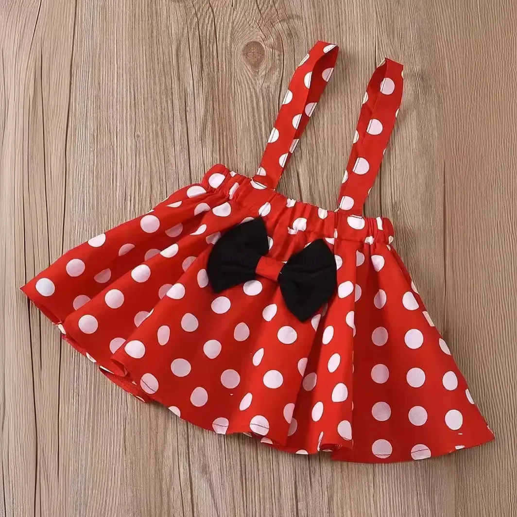 Disney Minnie Mouse Girl Suit Childrens Dress Baby Clothes Set Summer Birthday Costume Polka Dot Sundress Bow Headband Skirt Set W20250416