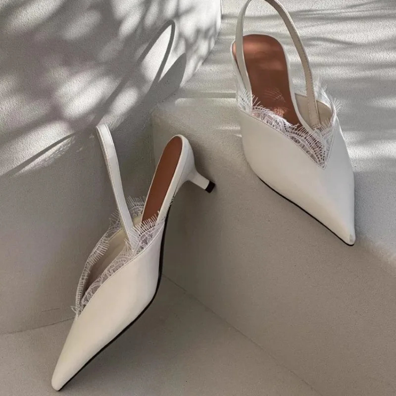 Pointed Sandals Spring Style Pointed Head Shallow Mouth Lace Edge Set Foot Anti-slip Wear-resistant Heel Shoes 250415