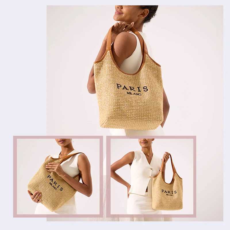 Brand Design Womens Fashion Straw Bag New Letter Print Shoulder Bag Large Capacity Bucket Bag Summer Versatile Woven Beach Bags Z250509