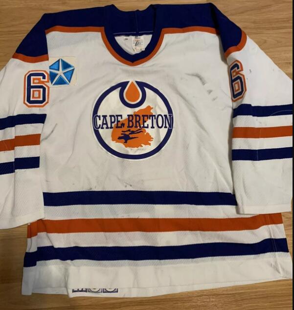 Customized Cape Breton AHL Hockey Jersey 1996 White Home Final Mike Krushelnyski CCM Blue Jersey