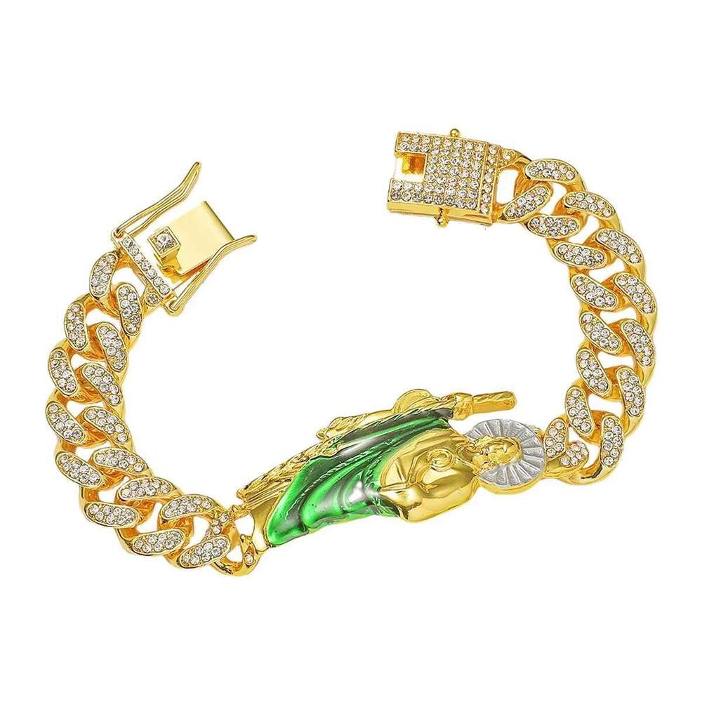 DHCollections Hip Hop Cuban Link Bracelet with Religious Figure Iced Out Bling Gold Color 20cm Alloy Chain Accessory for Men 1 Piece