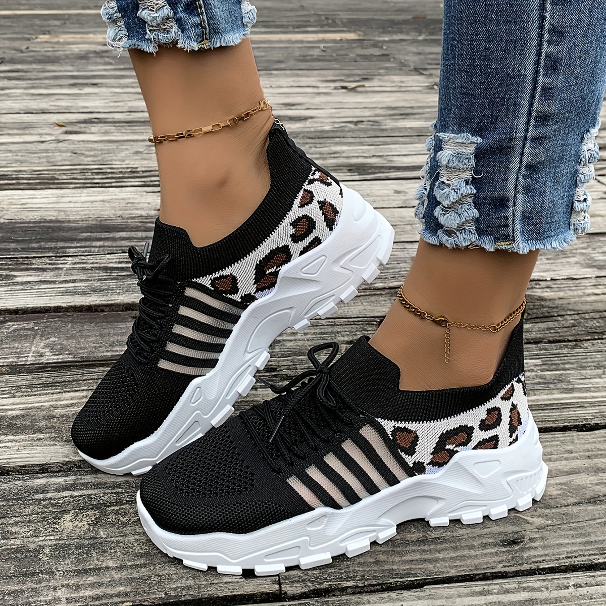 Women's Casual Athletic Sneakers Breathable Mesh Leopard Print, Lightweight Lace Up Running Shoes