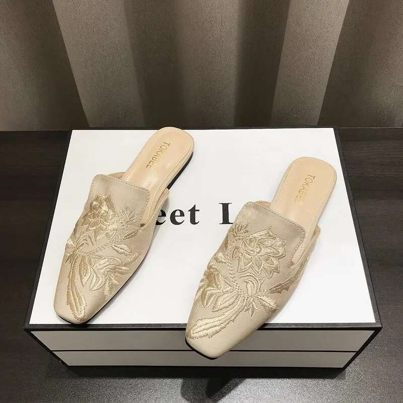 Women's Mules Slippers Summer Footwear Flats Retro Chinese Style wers Elegant Dress Low Heel Sandals Designer Slides on sales