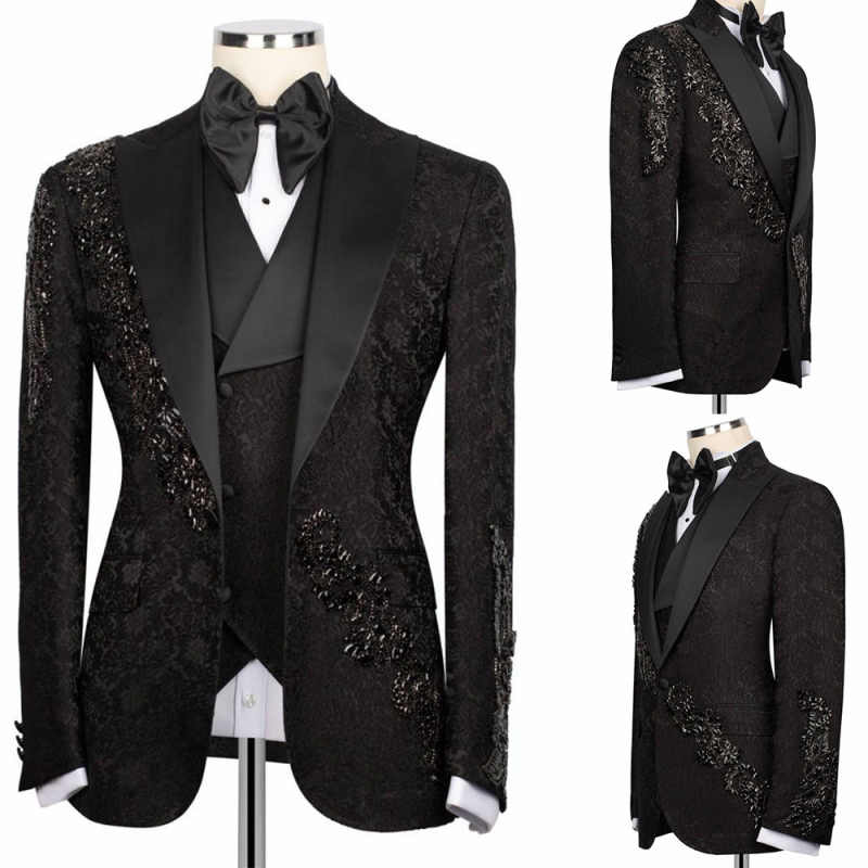 Luxury Beads Men Suits Customized Floral Pattern Groom Wedding Party Tuxedos 3 Pieces Sets Male Blazes Fashion Costumes Homme
